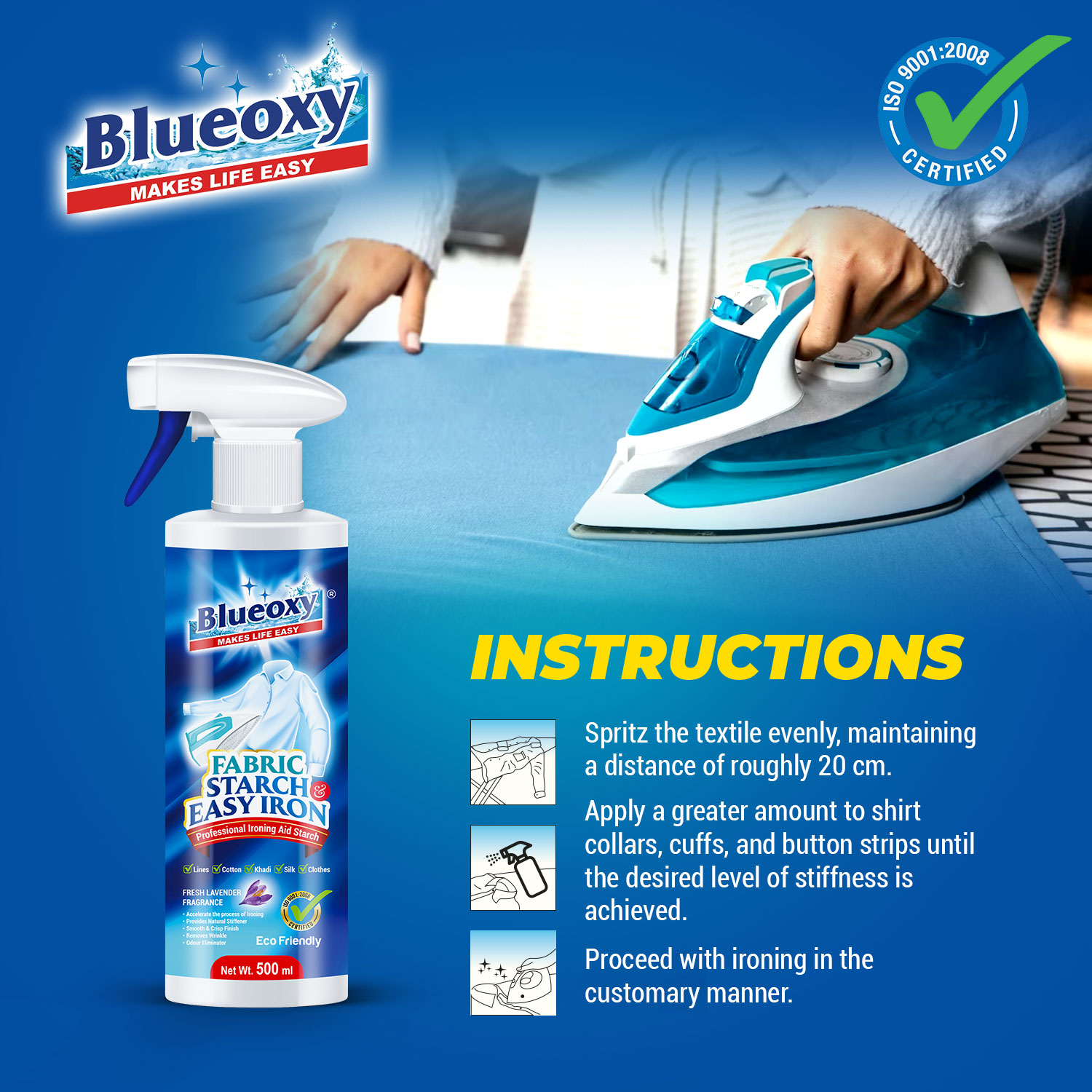 Blueoxy Fabric Starch & Easy Iron Spray 500ml - Blueoxyshop
